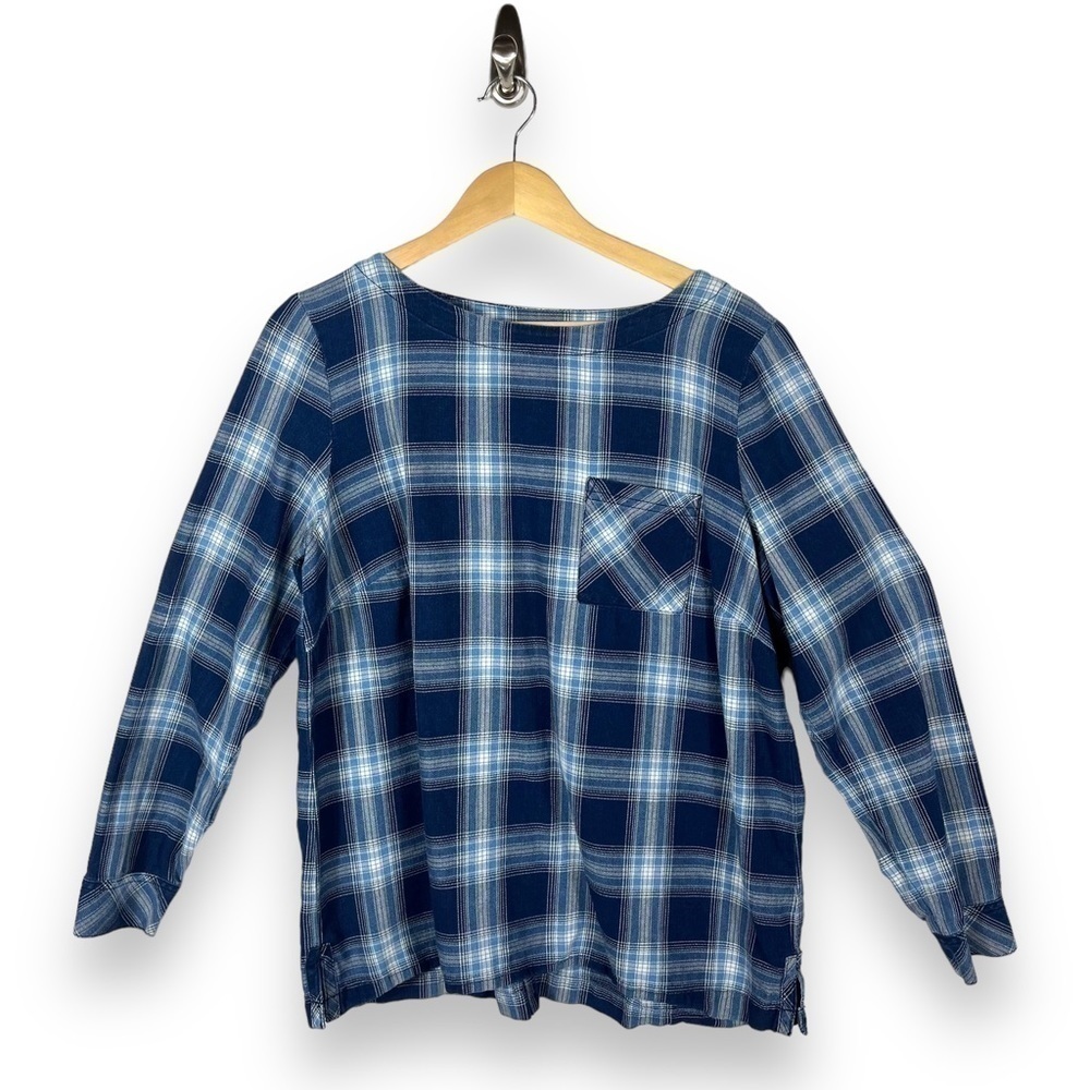 J Jill Flannel Scoop Neck Button Back Plaid Top, Blue Multi Plaid, Size Medium